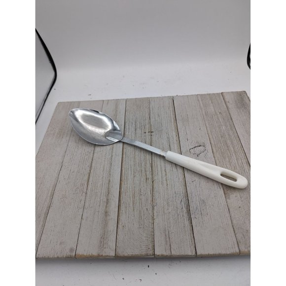 Serving Solid Spoon 12 1/2" Vintage White Handle Chrome - Picture 1 of 6